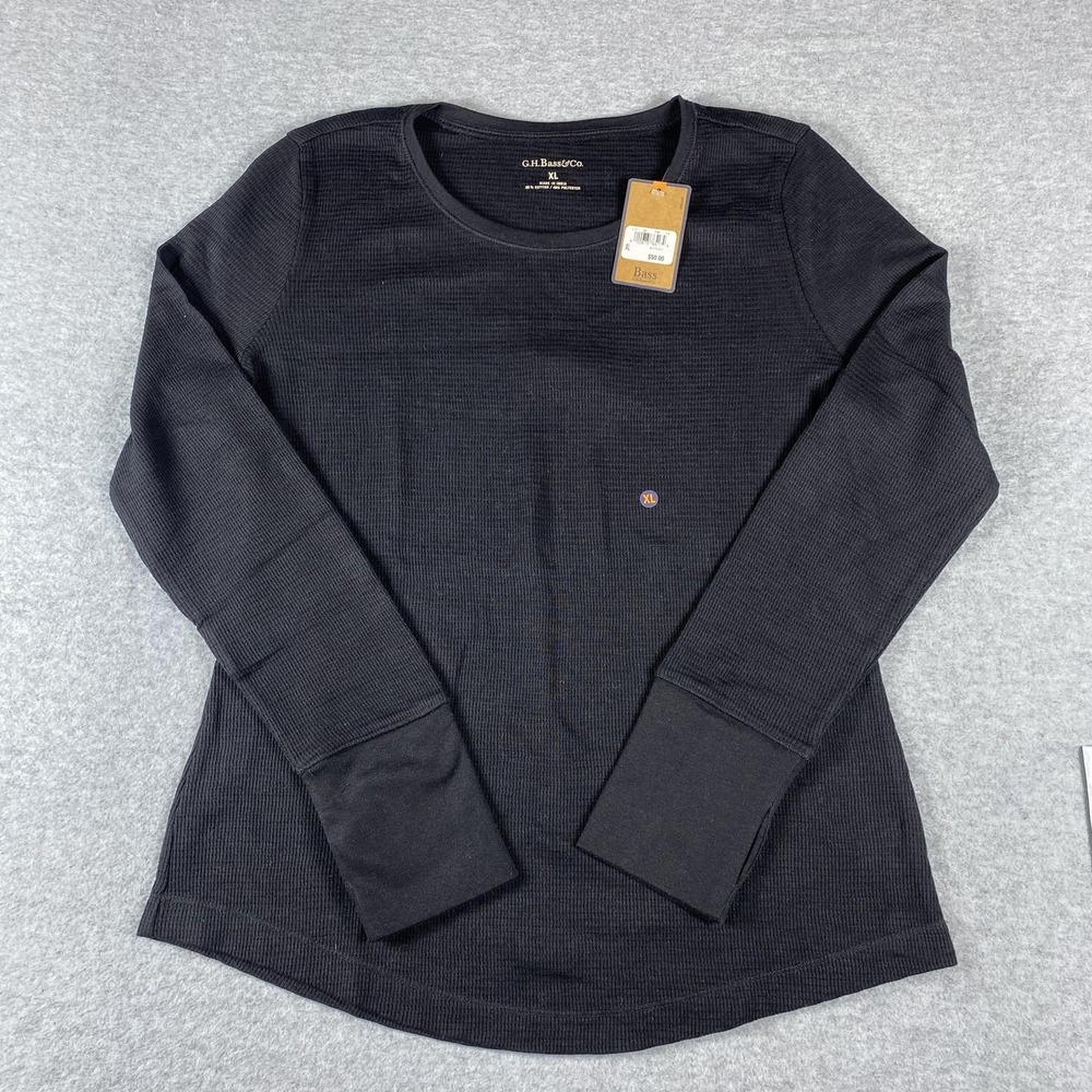 G.H. Bass‎ & Co Shirt Womens XL Black Waffle Knit Thermal Long Sleeve Crewneck